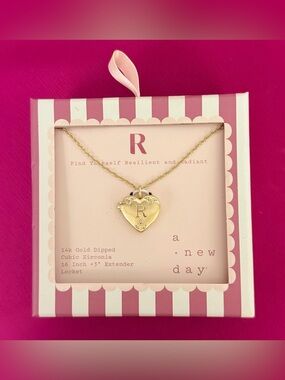 14 K Gold Dipped Gold Heart Locket w/16”w/3” Extender Necklace with 'R' Initial